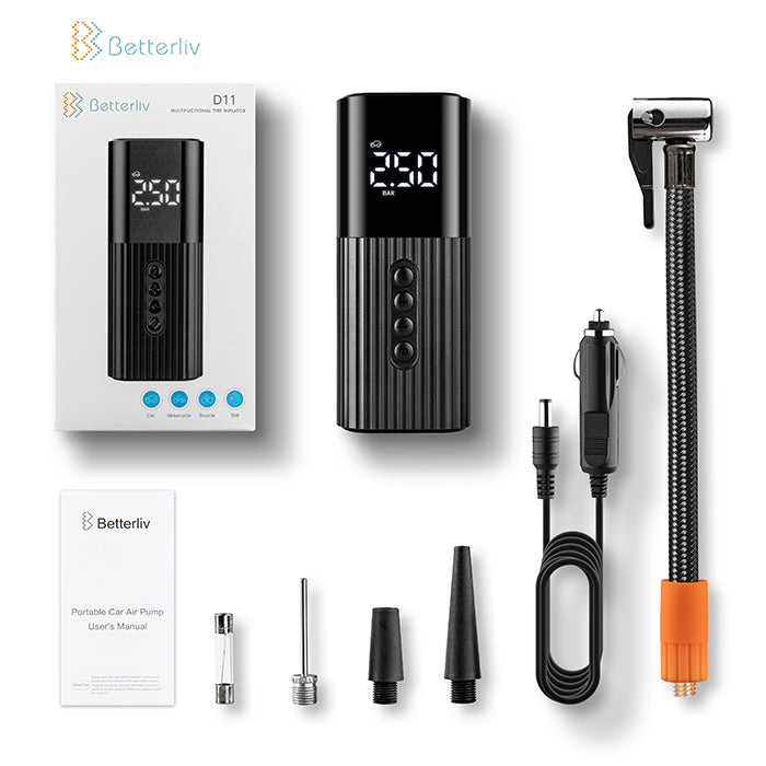 Betterliv Portable Air Pump Compressor for Car Tires, Auto Electronic Shut Tire Inflator with LCD Display and LED Light, 12V DC Digital Mini Air Pump Tires for Car, Motorcycles, Bicycles, Basketball and Other Inflatables with Pressure Gauge